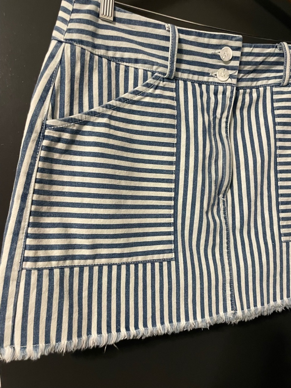 NWOT Self Contrast Blue White Striped Mini Skirt Pockets Cotton Size Large USA - Picture 3 of 7